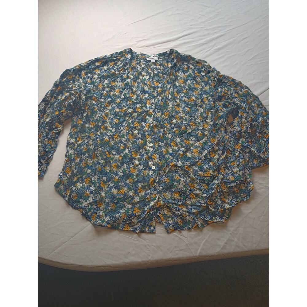 Westbound Womens 2X Floral Rayon Button Front Blouse Blue Yellow Long Sleeve Top